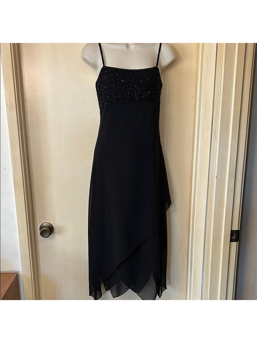 Eva Blue Petite Beaded Asymmetrical Black Dress size 8P